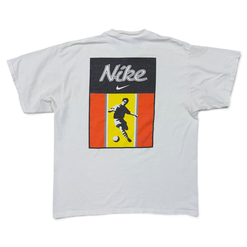Vintage 90s Nike Soccer T Shirt USA Made Swoosh Big Back Graphic Single Stitch L